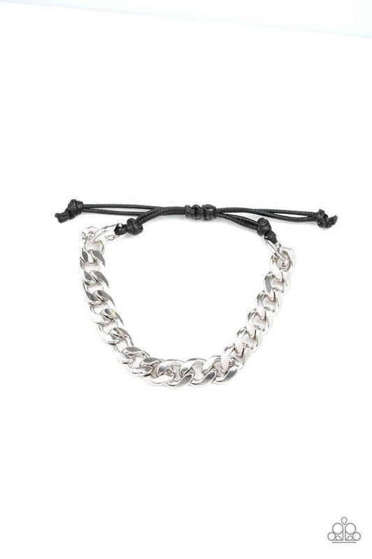 Shiny black cording knots around the ends of a thick silver beveled cable chain that is wrapped across the top of the wrist for a versatile look. Features an adjustable sliding knot closure.  Sold as one individual bracelet.