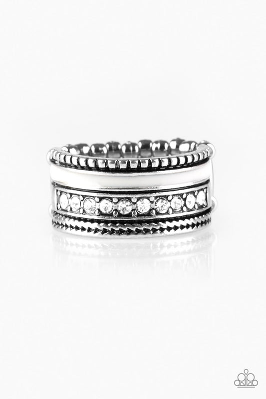 Women's silver ring with white stripe and white rhinestones