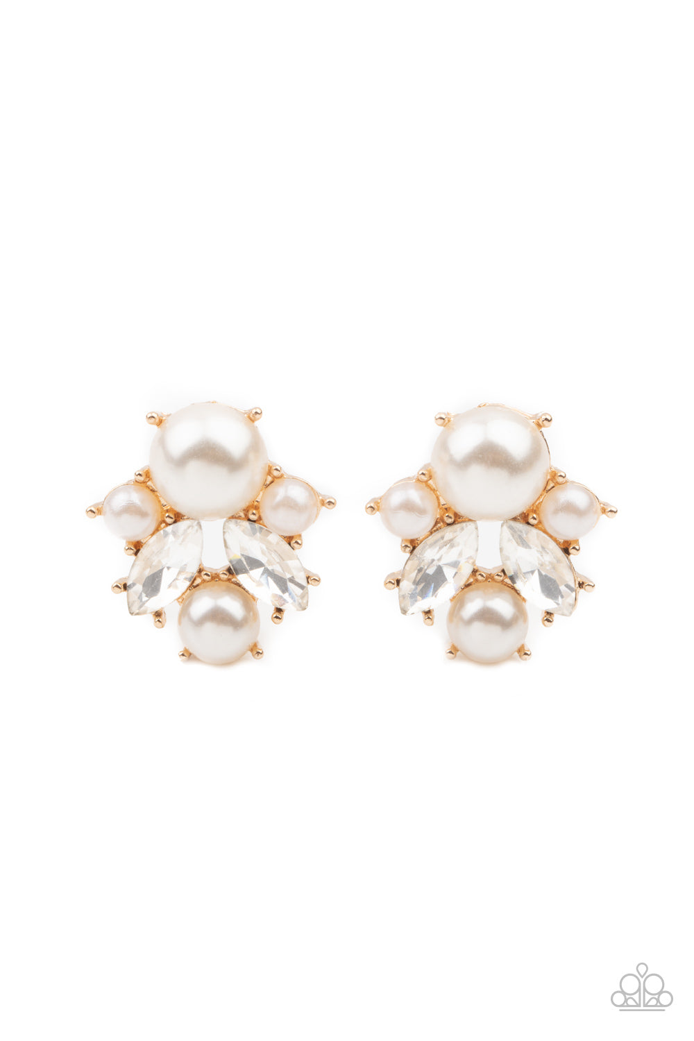 Featuring glistening gold fittings, a royal collection of bubbly pearls and glassy marquise white rhinestones delicately cluster into an elegant frame. Earring attaches to a standard post fitting.  Sold as one pair of post earrings.