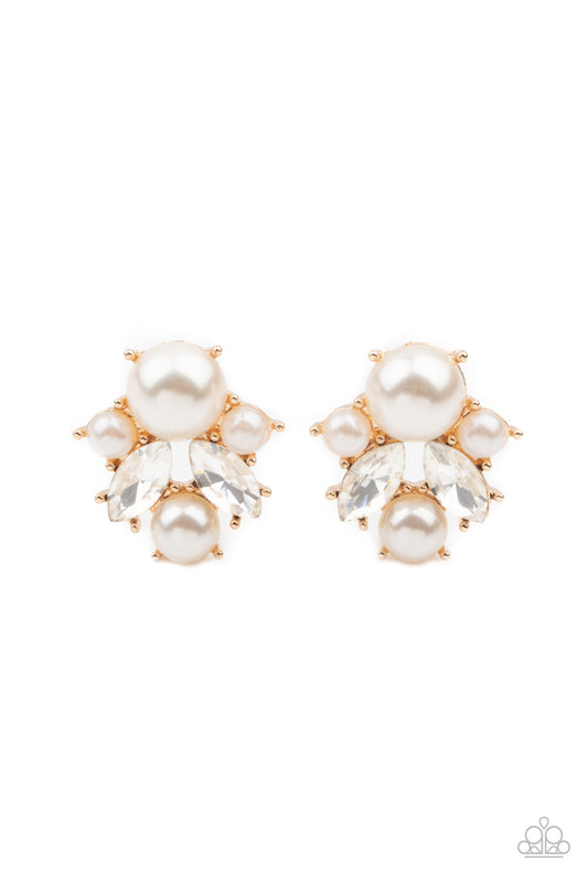 Featuring glistening gold fittings, a royal collection of bubbly pearls and glassy marquise white rhinestones delicately cluster into an elegant frame. Earring attaches to a standard post fitting.  Sold as one pair of post earrings.