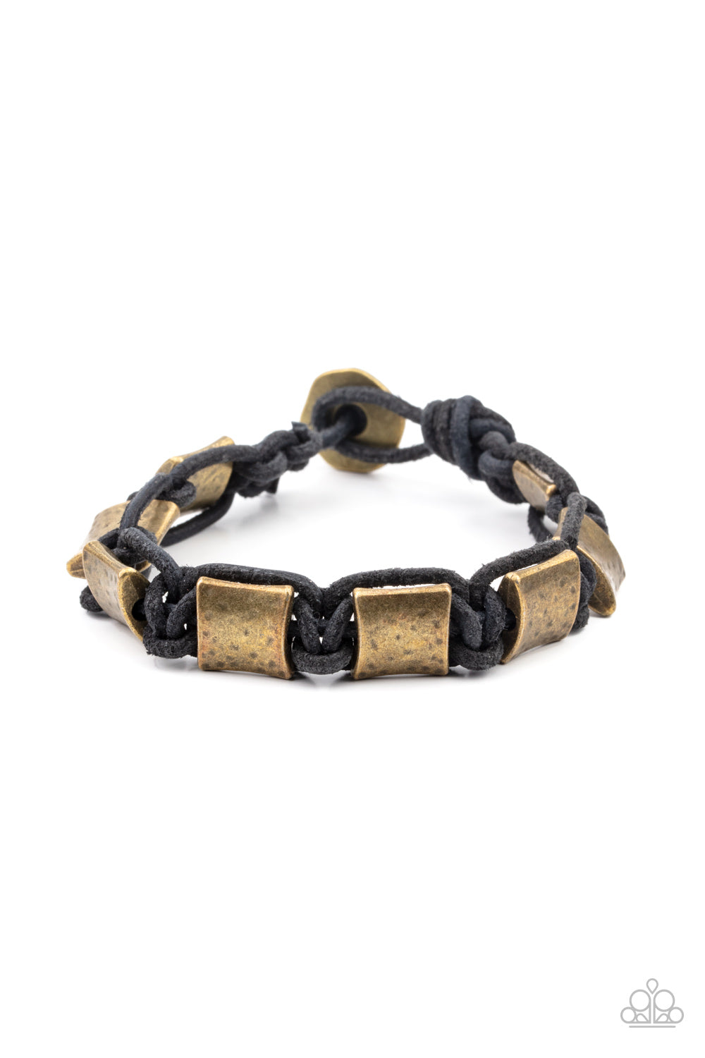 Featuring a hammered finish, a collection of rustic brass accents are knotted in place with black cording around the wrist for a rugged look. Features a button loop closure.  Sold as one individual bracelet.