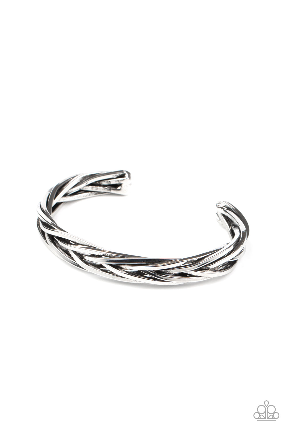 Brushed in an antiqued finish, rustic silver bars weave and braid into an edgy cuff around the wrist.  Sold as one individual bracelet.