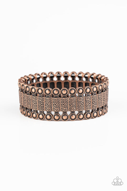 Featuring studded and hammered pieces, decorative rectangular-shaped copper frames are threaded along stretchy bands around the wrist for an authentic look.  Sold as one individual bracelet.