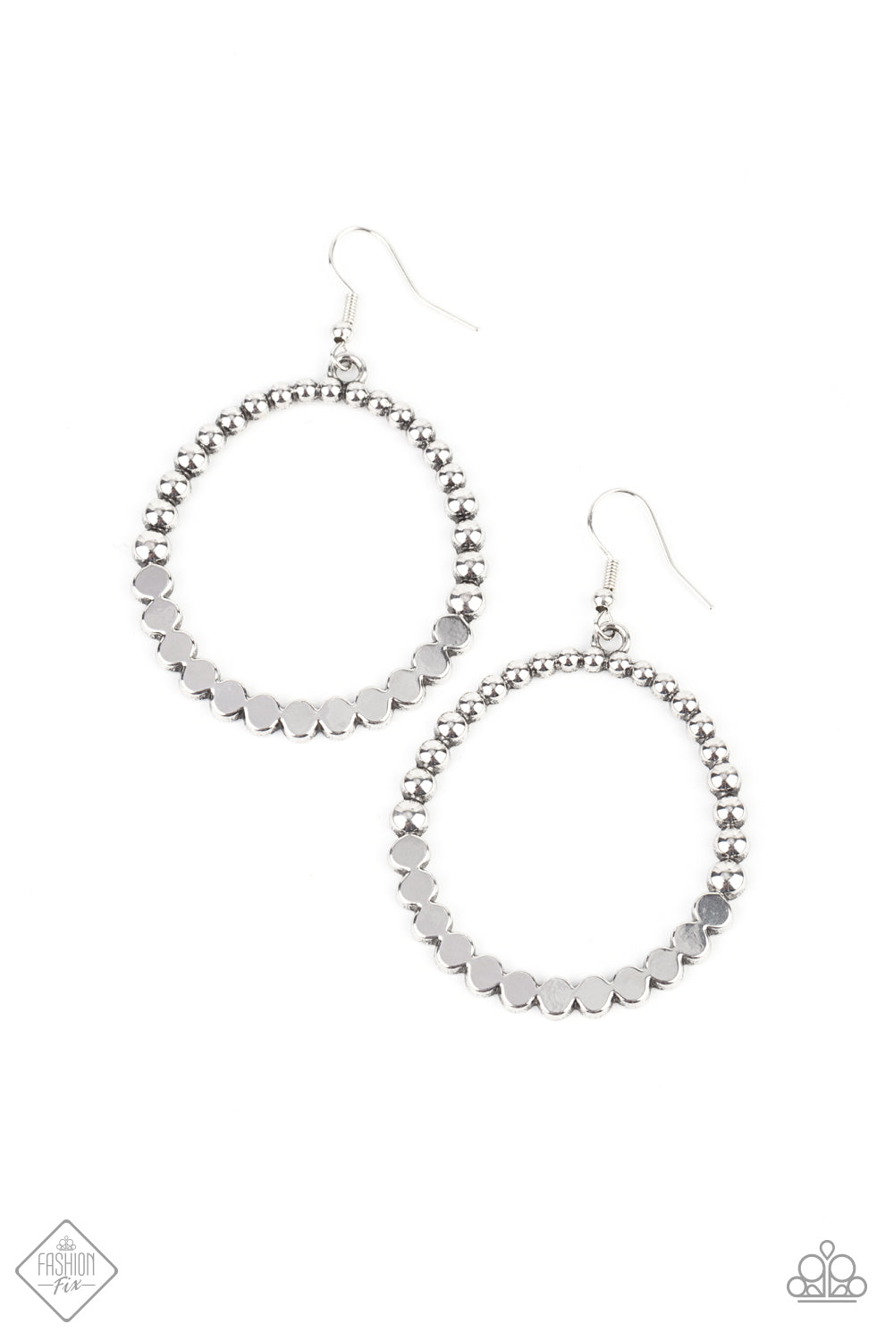 Antiqued silver studs join with flattened silver discs, creating a rustic front-facing hoop. Earring attaches to a standard fishhook fitting.  Sold as one pair of earrings.