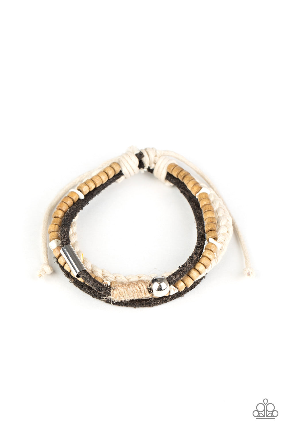 Featuring silver, stone, and wooden beaded accents, a mismatched collection of suede and twine-like braided bands layer across the wrist for an earthy look. Features an adjustable sliding knot closure.  Sold as one individual bracelet.