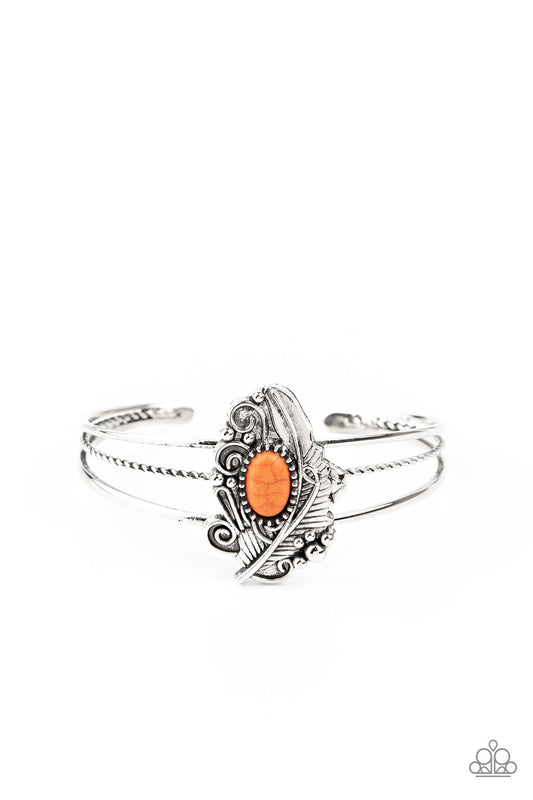 Dotted with a refreshing orange stone accent, a decorative silver feather frame is pressed into the center of an ornately layered cuff for a whimsical vibe.  Sold as one individual bracelet.