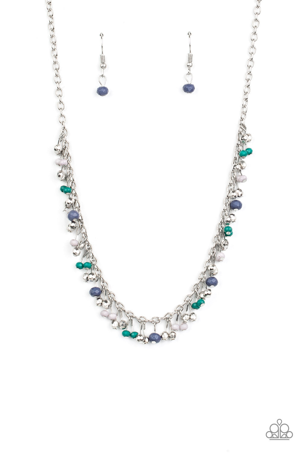 A variety of faceted Arcadia, Sailor Blue, and Harbor Mist beads swing from a shimmery silver chain, creating a flirtatious fringe below the collar. Faceted silver beads trickle between the colorful beads, adding a hint of shimmer to the seasonal design. Features an adjustable clasp closure.  Sold as one individual necklace. Includes one pair of matching earrings.