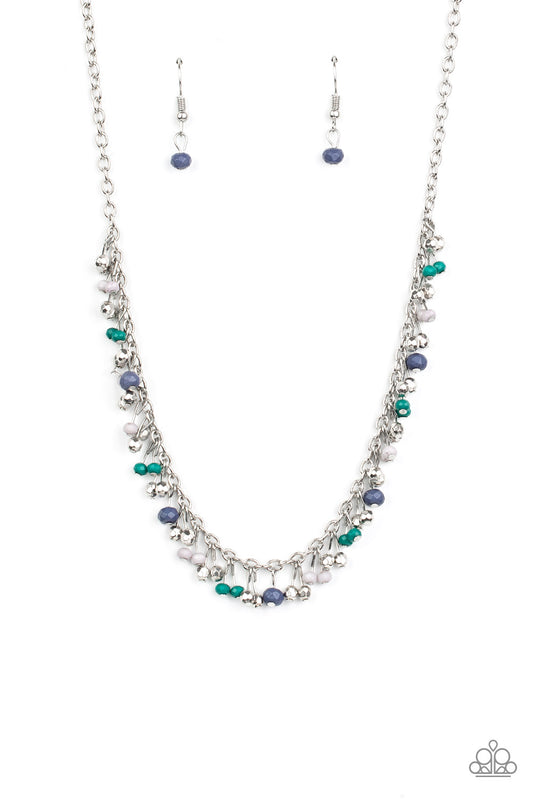 A variety of faceted Arcadia, Sailor Blue, and Harbor Mist beads swing from a shimmery silver chain, creating a flirtatious fringe below the collar. Faceted silver beads trickle between the colorful beads, adding a hint of shimmer to the seasonal design. Features an adjustable clasp closure.  Sold as one individual necklace. Includes one pair of matching earrings.