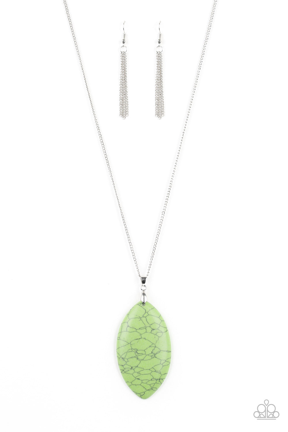 Chiseled to a tranquil almond-shape, an oversized green stone pendant swings from the bottom of a lengthened silver chain in a seasonal fashion. Features an adjustable clasp closure.

Sold as one individual necklace. Includes one pair of matching earrings.