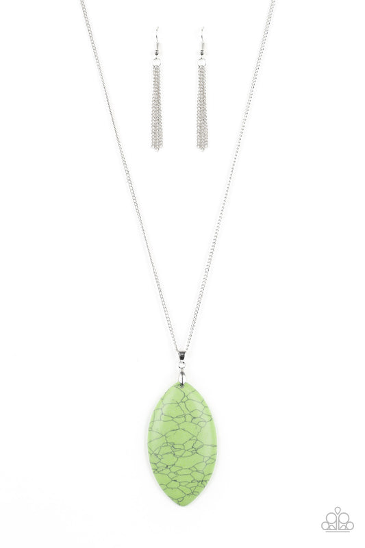 Chiseled to a tranquil almond-shape, an oversized green stone pendant swings from the bottom of a lengthened silver chain in a seasonal fashion. Features an adjustable clasp closure.

Sold as one individual necklace. Includes one pair of matching earrings.