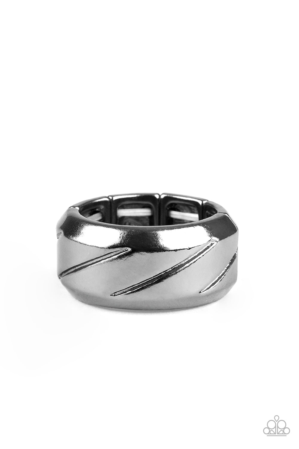 Engraved rows slant across the front of a glistening gunmetal band for a tactile finish. Features a stretchy band for a flexible fit.  Sold as one individual ring.