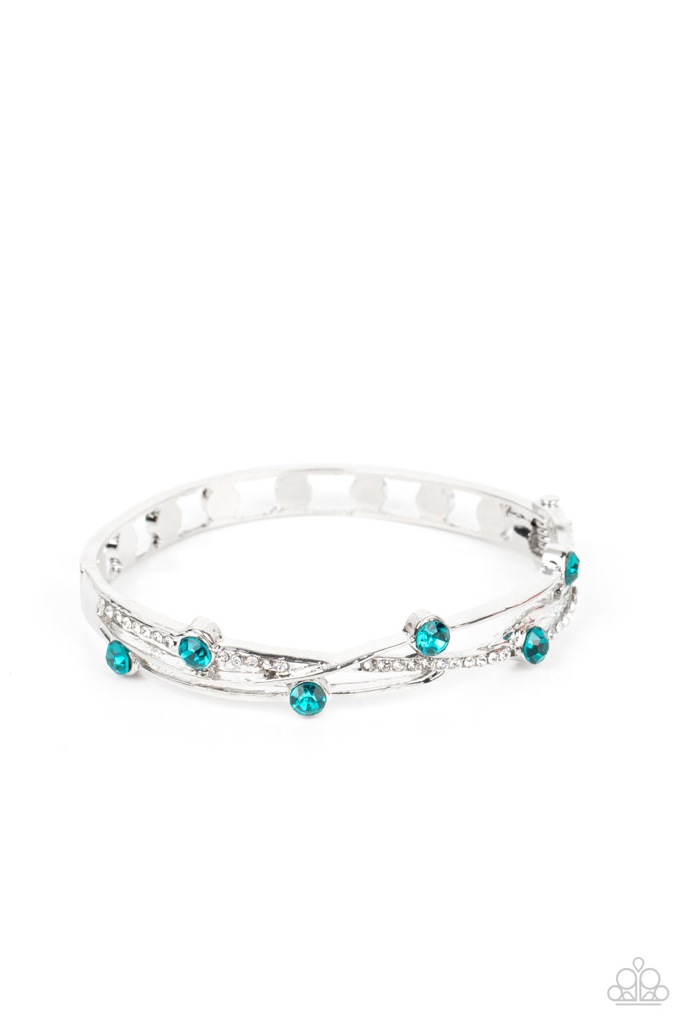 Dotted with glittery blue rhinestones, smooth silver and white rhinestone dotted ribbons delicately intertwine into a decorative bangle-like bracelet around the wrist. Features a hinged closure.  Sold as one individual bracelet.