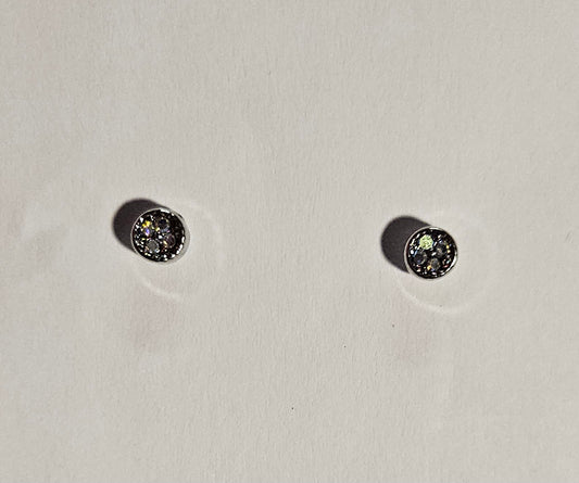 Kids' small silver cirlce earrings with a four small white rhinestones