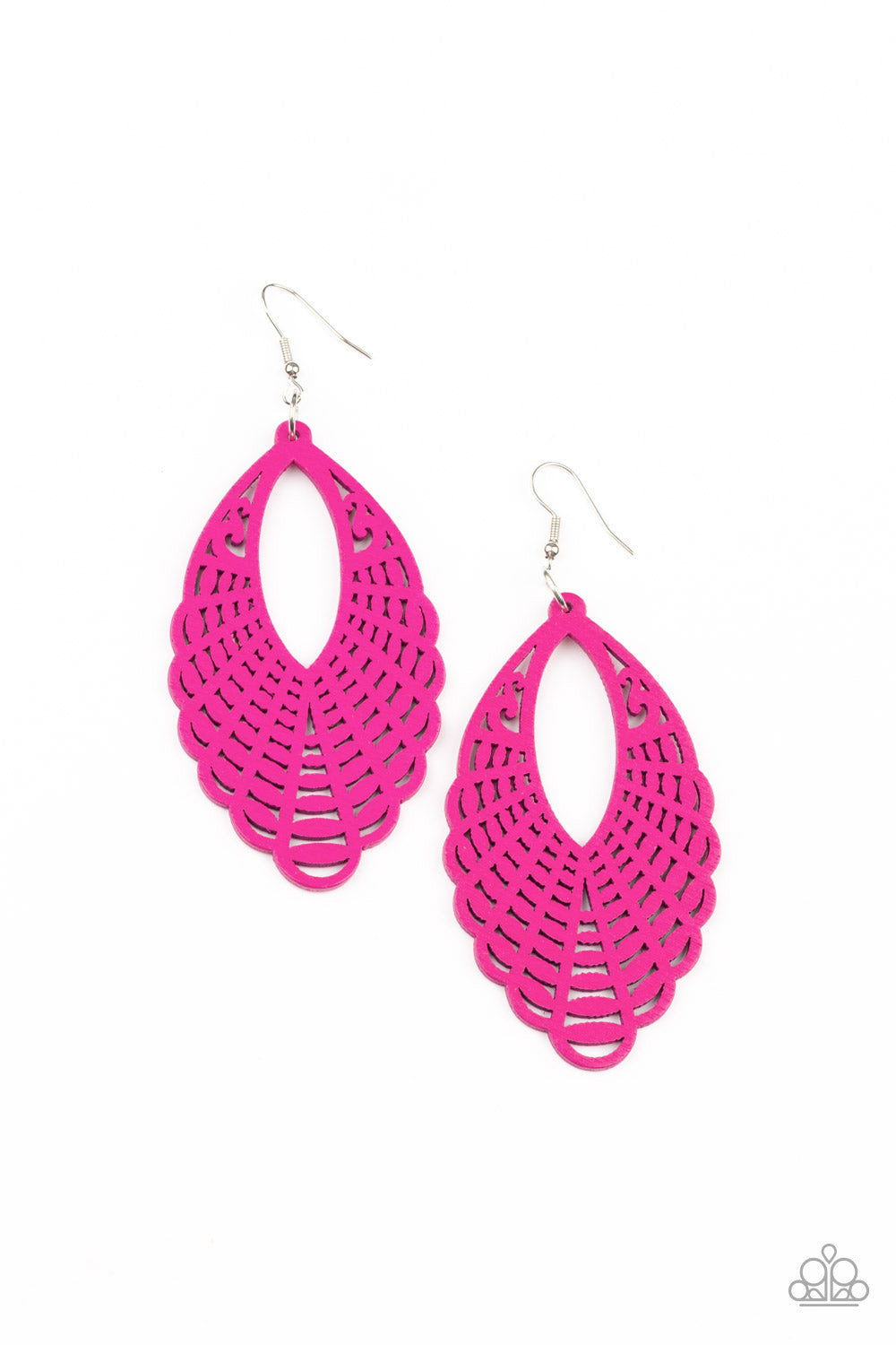 Painted in a vibrant pink finish, a wooden marquise-shaped frame features a mandala-inspired cut-out design creating a dreamy lure that calls to the wanderlust adventure seeker. Earring attaches to a standard fishhook fitting.  Sold as one pair of earrings.