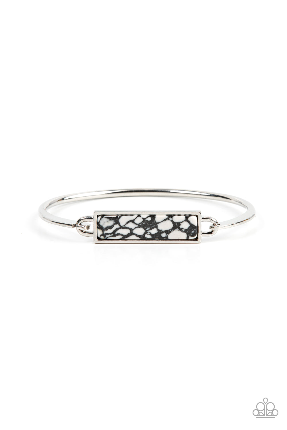 Encased in a sleek silver frame, a black terrazzo-like stone frame is fitted in place across the center of a dainty silver bangle for a modern inspired fashion. Features a hook and eye closure.

Sold as one individual bracelet.