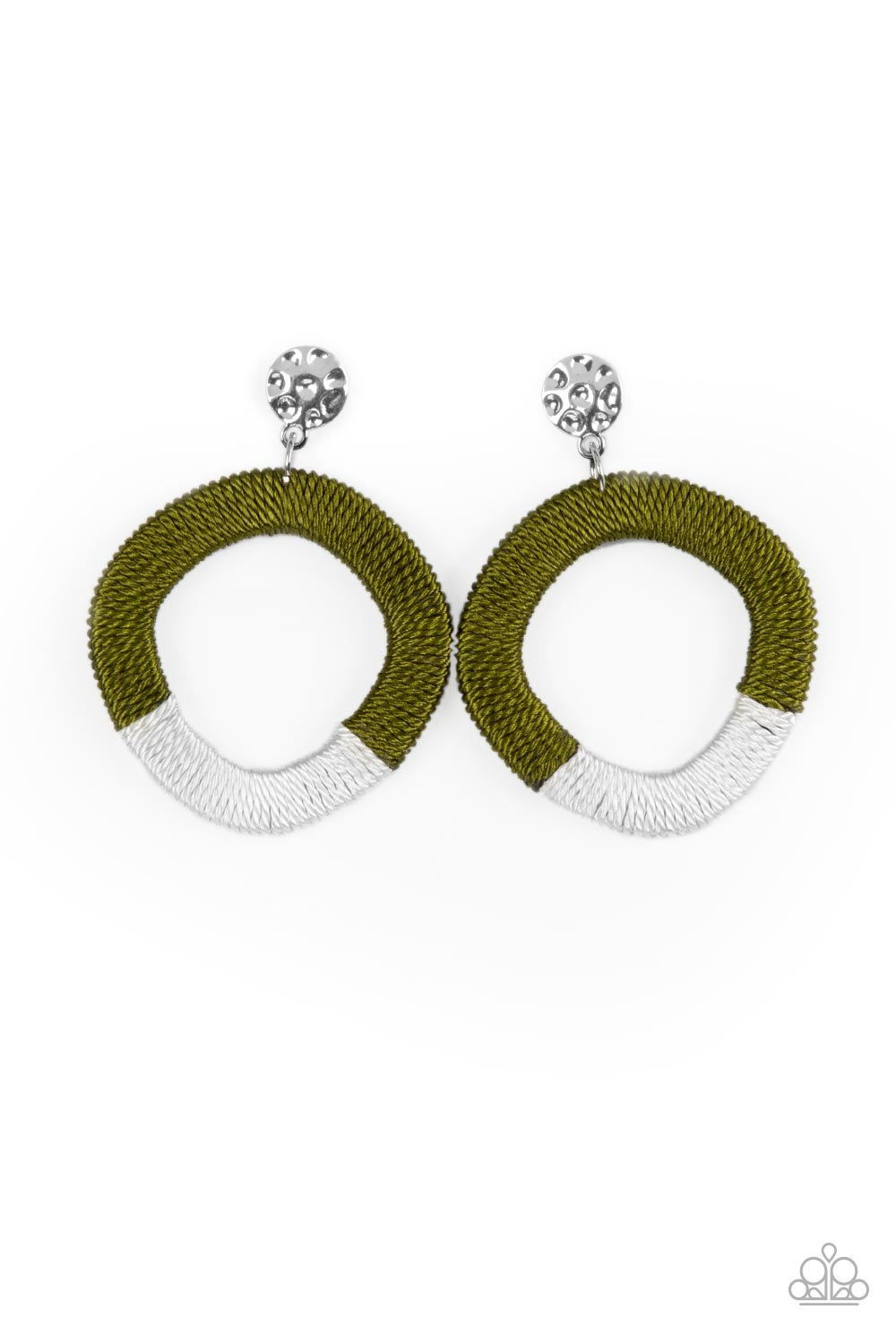 A hammered silver disc gives way to a wooden frame decoratively wrapped in shiny white and Olive Branch threaded accents, creating a colorful lure. Earring attaches to a standard post fitting.  Sold as one pair of post earrings.