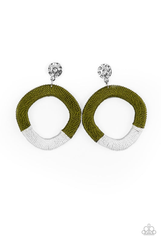 A hammered silver disc gives way to a wooden frame decoratively wrapped in shiny white and Olive Branch threaded accents, creating a colorful lure. Earring attaches to a standard post fitting.  Sold as one pair of post earrings.