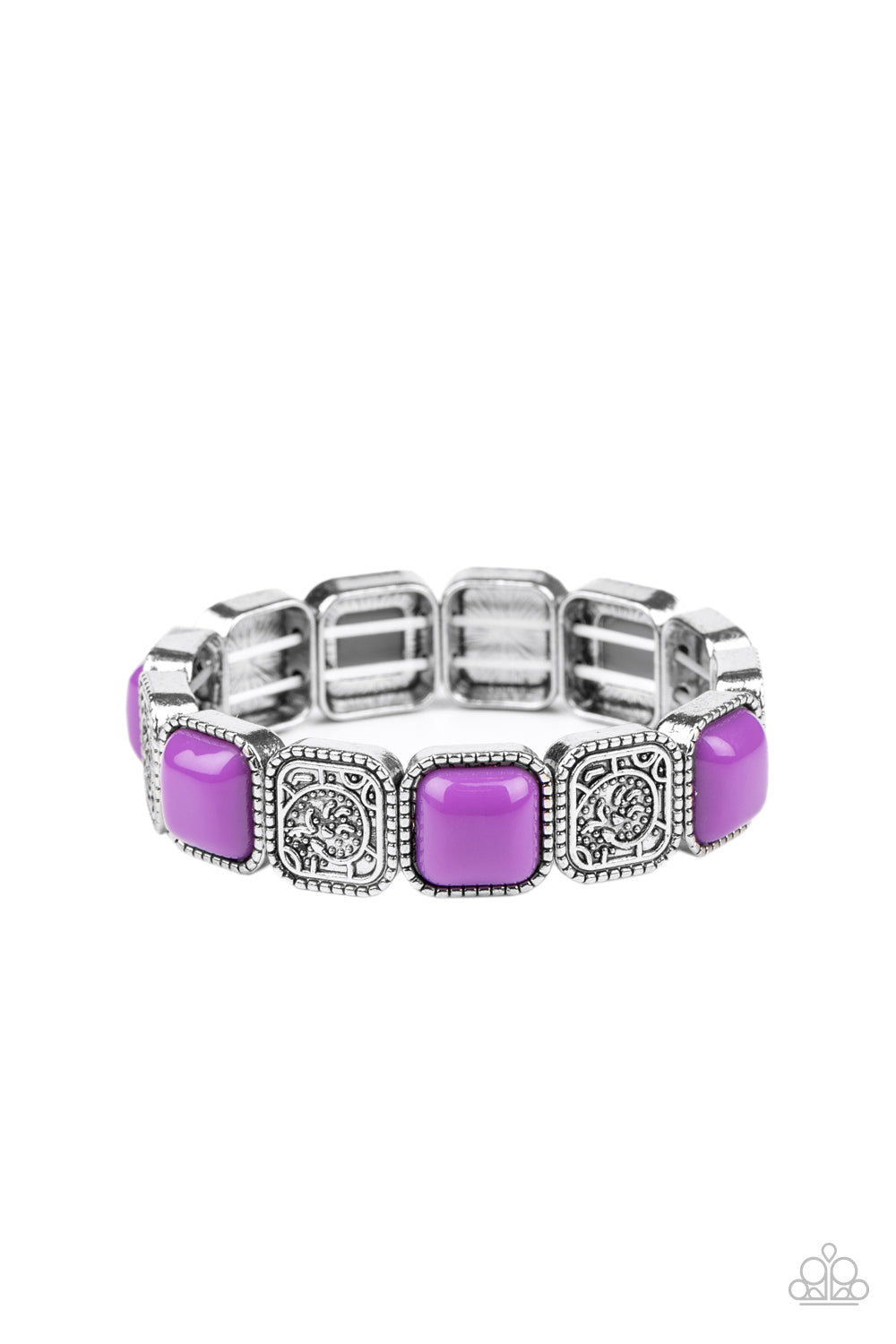Studded in abstract textures, antiqued silver frames join square purple beaded frames along a stretchy band around the wrist for a colorfully vintage look.

Sold as one individual bracelet.