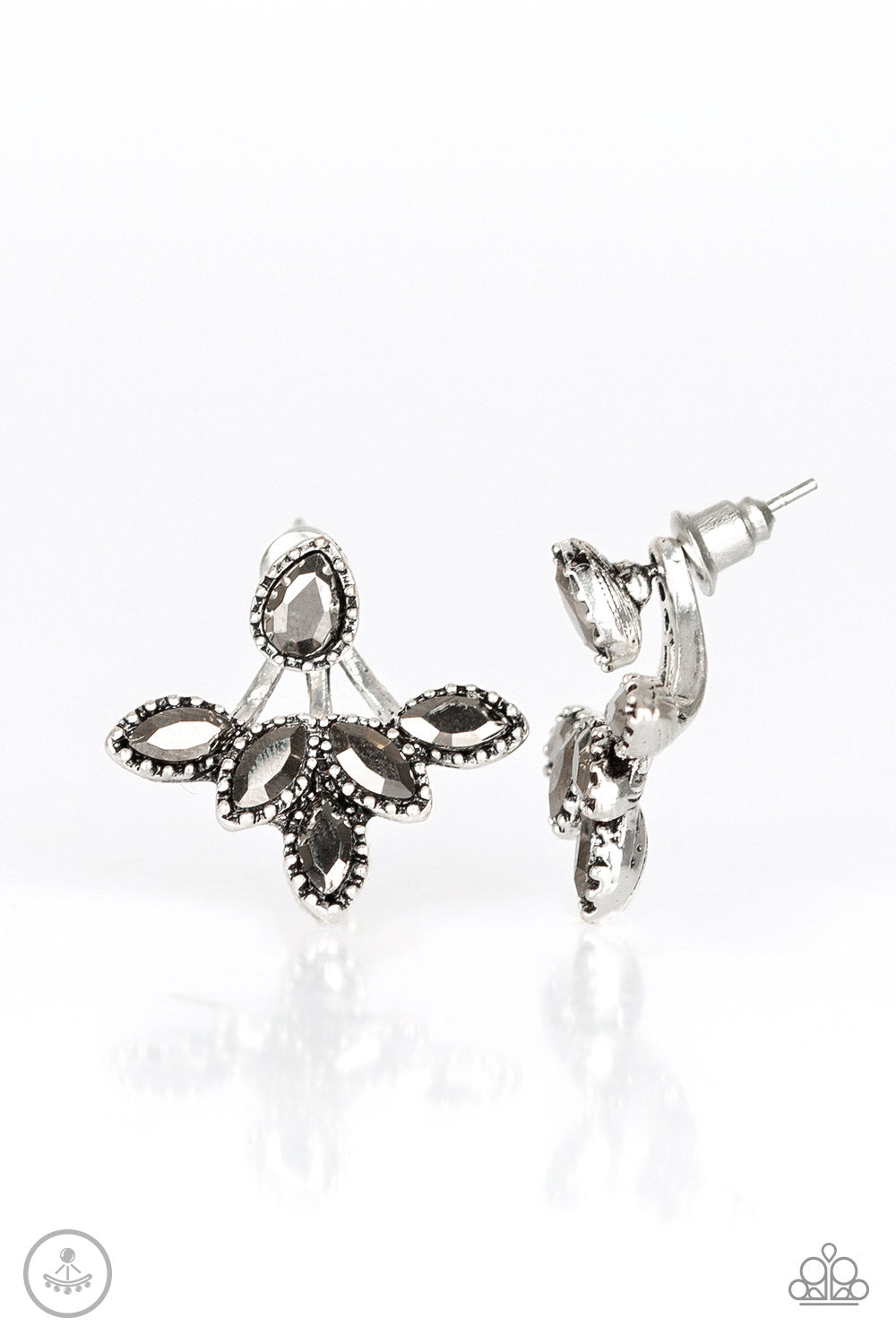 A solitaire teardrop hematite rhinestone attaches to a double-sided post, designed to fasten behind the ear. Encrusted in matching hematite rhinestones, a double-sided post peeks out beneath the ear, creating a glittery fringe. Earring attaches to a standard post fitting.  Sold as one pair of double-sided post earrings.