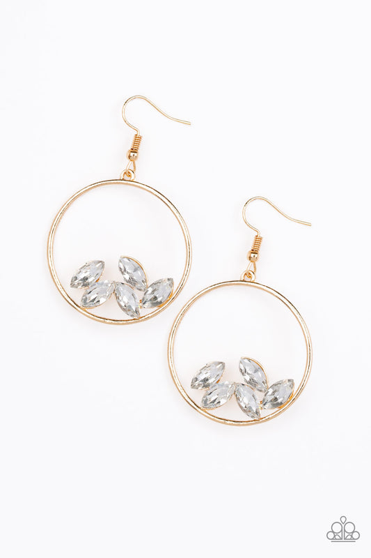 Glittery white marquise-cut rhinestones collect at the bottom of an airy gold hoop for a glamorous look. Earring attaches to standard fishhook fitting.  Sold as one pair of earrings.