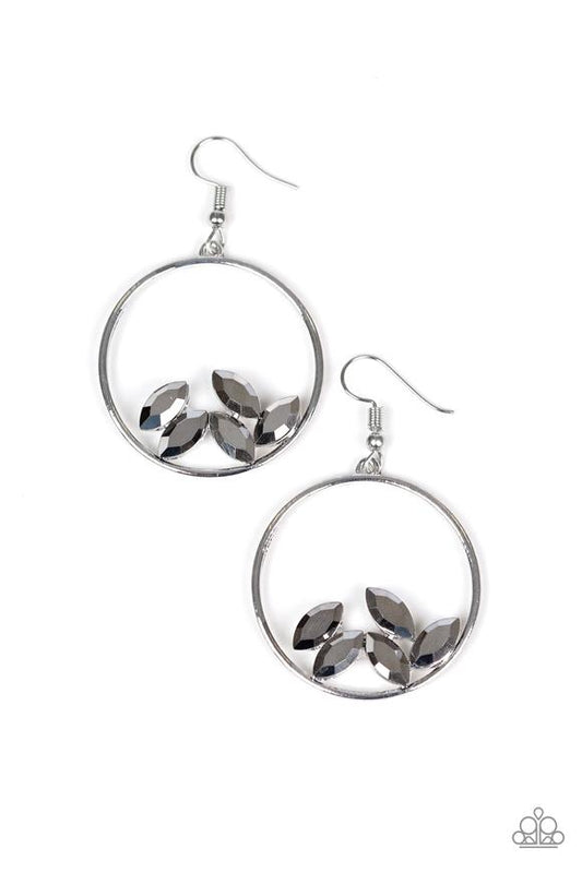 Glittery hematite marquise-cut rhinestones collect at the bottom of an airy silver hoop for a glamorous look. Earring attaches to a standard fishhook fitting.  Sold as one pair of earrings.