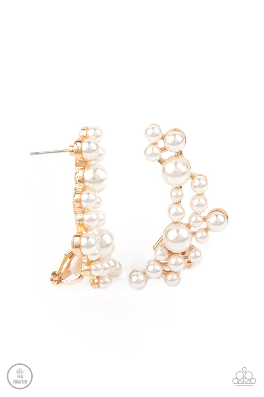 A collection of bubbly white pearls dot a shiny gold frame that branches up the ear for a modern, timeless twist. Earring attaches to a standard post fitting. Features a clip-on fitting at the top for a secure fit.  Sold as one pair of ear crawlers.
