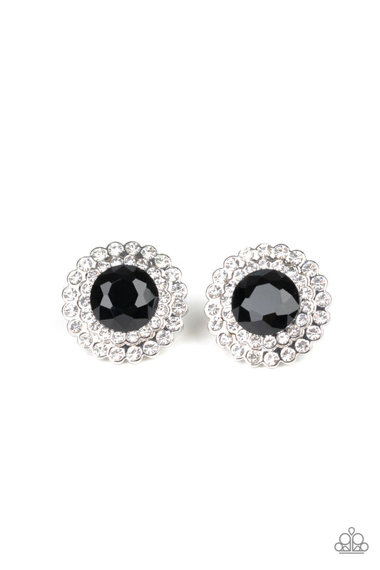An oversized black gem is pressed into a shimmery silver frame stacked with glittery white rhinestones for a glamorous touch. Earring attaches to a standard post fitting.  Sold as one pair of post earrings.