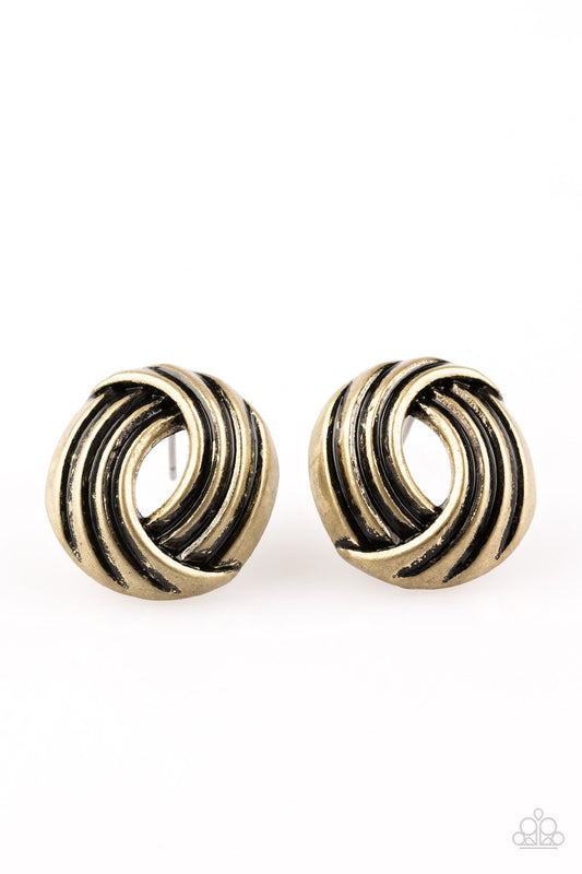 Rippling with shimmery textures, antiqued brass ribbons fold into a round frame for a radiant finish. Earring attaches to a standard post fitting.  Sold as one pair of post earrings.