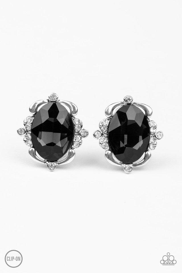 Sporadically dotted in sections of glassy white rhinestones, shimmery ribbons of silver gently fold around a dazzling black emerald-style gem center for a regal look. Earring attaches to a standard clip-on fitting.  Sold as one pair of clip-on earrings.