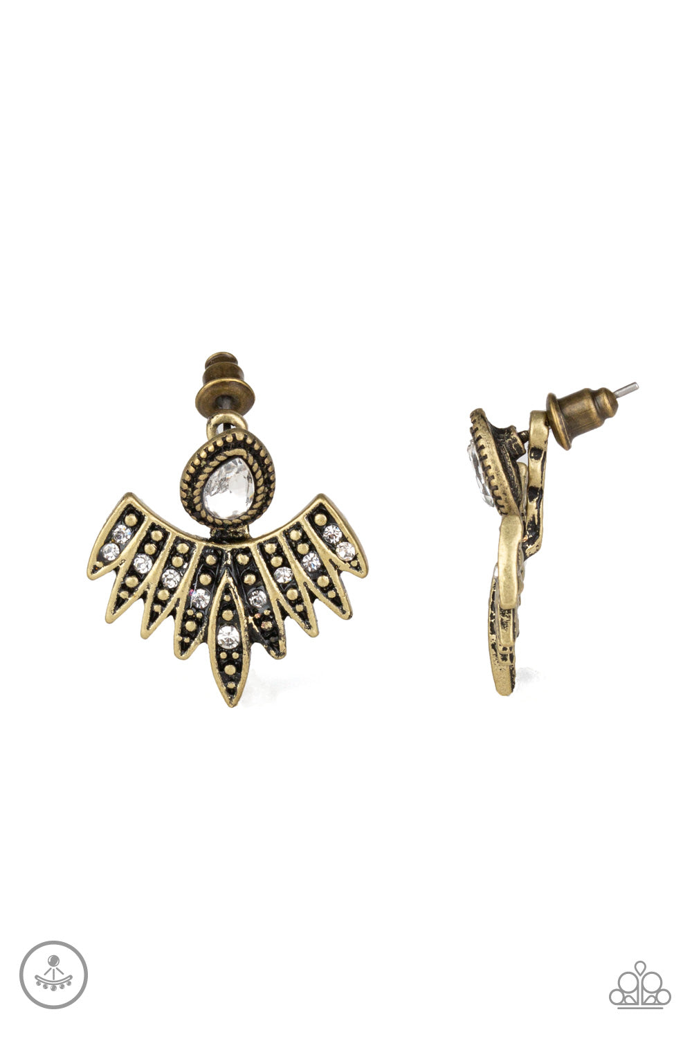 A solitaire white teardrop rhinestone attaches to a double-sided post, designed to fasten behind the ear. Dusted in glassy white rhinestones, the wing-like double-sided post fans out beneath the ear for a bold look. Earring attaches to a standard post fitting.  Sold as one pair of double-sided post earrings.