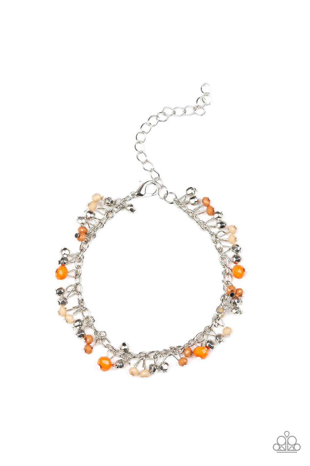 A variety of faceted orange, Almond Buff, and Meerkat beads swing from a shimmery silver chain, creating a flirtatious fringe around the wrist. Faceted silver beads trickle between the colorful beads, adding a hint of shimmer to the seasonal design. Features an adjustable clasp closure.

Sold as one individual bracelet.