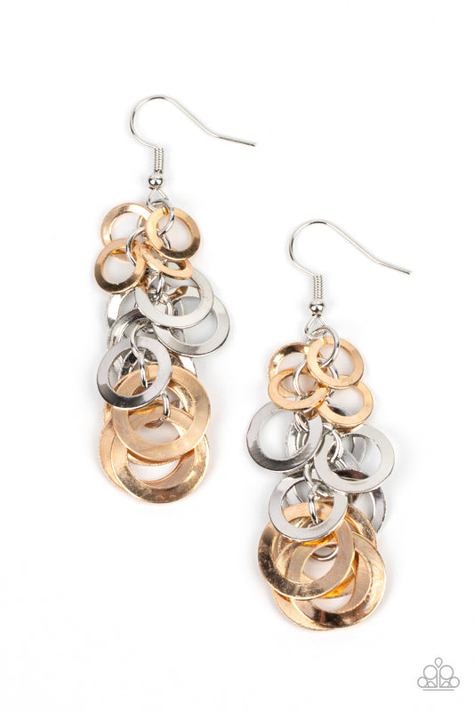 A cluster of flat gold and silver rings in graduating sizes are linked along a silver chain creating an intensely industrial chandelier. Earring attaches to a standard fishhook fitting.  Sold as one pair of earrings.