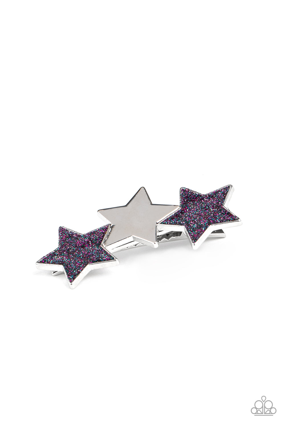 Painted in glittery blue and purple sparkles, a sparkly pair of stars flanks a shiny silver star, coalescing into a stellar centerpiece. Features a standard hair clip.  Sold as one individual hair clip.