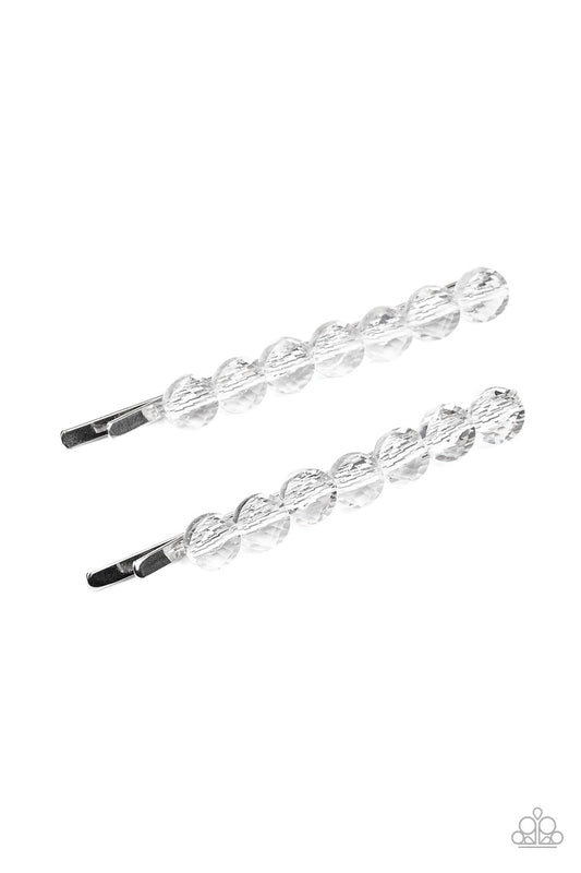 Featuring glassy-like finishes, glistening beads dot the tops of two silver bobby pins, creating a sparkling duo.  Sold as one pair of decorative bobby pins.