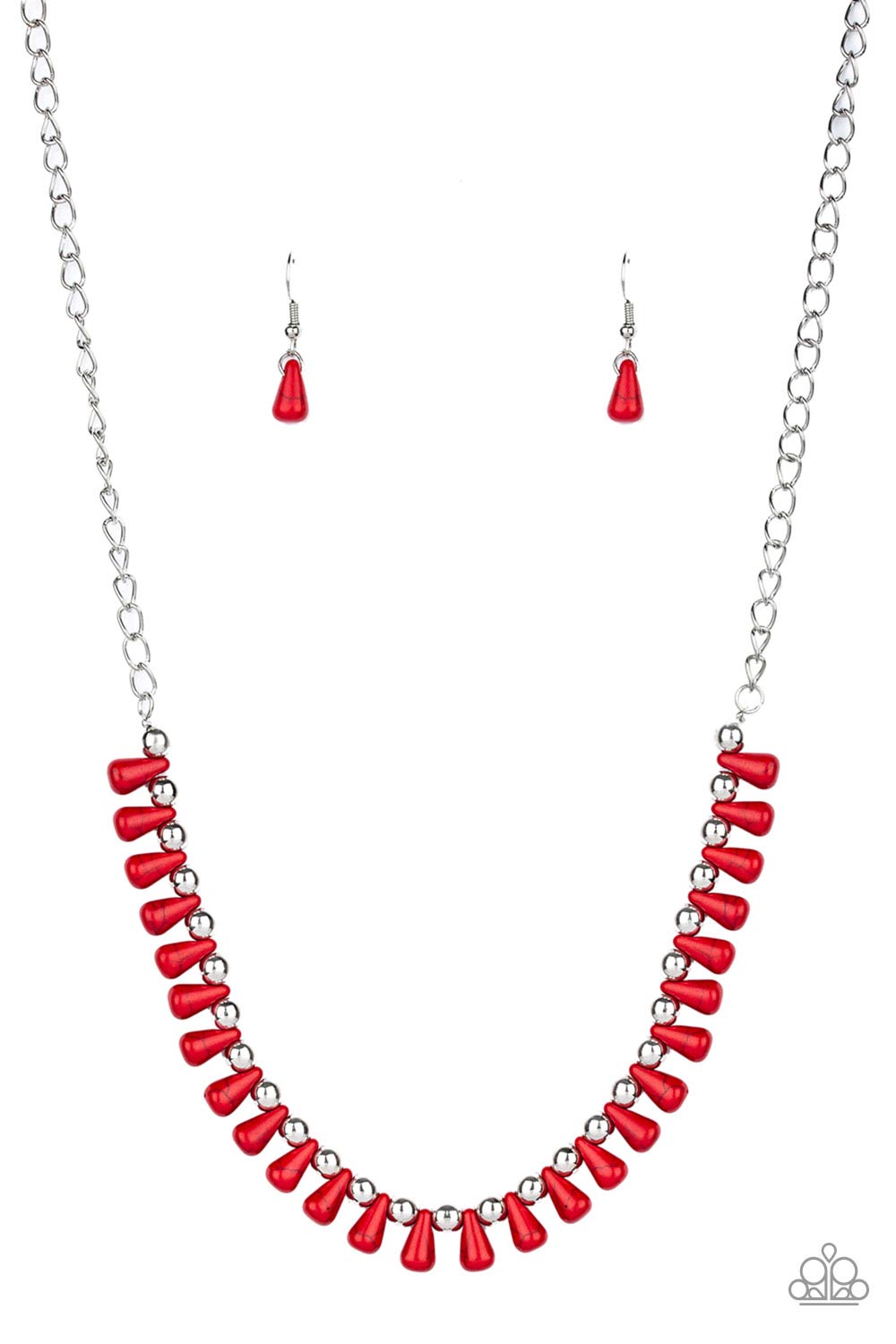 Red teardrop stones and classic silver beads are threaded along an invisible wire. The earthy beads alternate below the collar, creating a wild fringe. Features an adjustable clasp closure.  Sold as one individual necklace. Includes one pair of matching earrings.