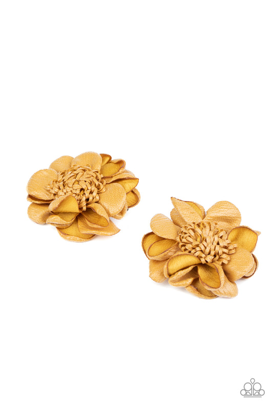 Waxy golden brown petals bloom from a springy center, creating a charming pair of colorful blossoms. Each flower features a standard hair clip on the back.  Sold as one pair of hair clips.