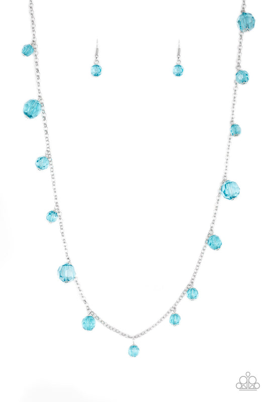 Varying in size, a collection of glassy blue crystal-like beads trickle down a shimmery silver chain across the chest for a whimsical look. Features an adjustable clasp closure.  Sold as one individual necklace. Includes one pair of matching earrings.