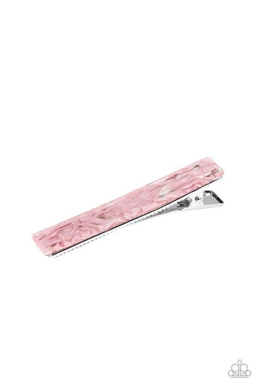 Featuring a shimmery pink pattern, an oversized rectangular acrylic frame delicately pins back the hair for a retro look. Features a standard hair clip on the back.  Sold as one individual hair clip.