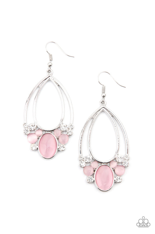 A glamorous collection of glittery white rhinestones and dewy pink cat's eye stones collect at the bottom of two stacked silver teardrop frames, creating an enchanted fringe. Earring attaches to a standard fishhook fitting.  Sold as one pair of earrings.