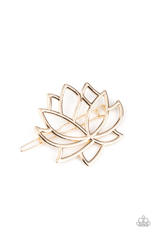 An airy gold lotus blooms into a whimsical floral display. Features a clamp barrette closure.  Sold as one individual hair clip.