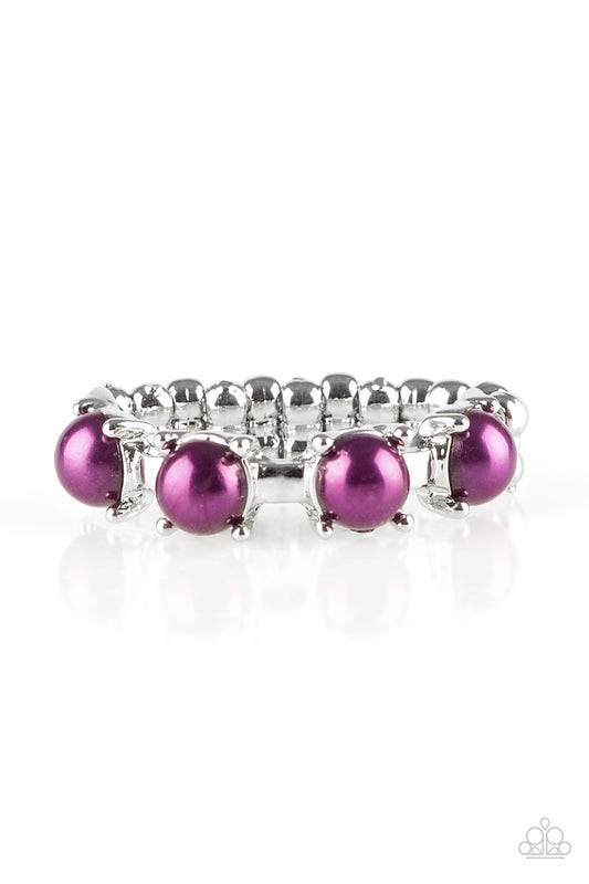 Pearly purple beads are encrusted along a shimmery silver band for a refined look. Features a dainty stretchy band for a flexible fit.  Sold as one individual ring.