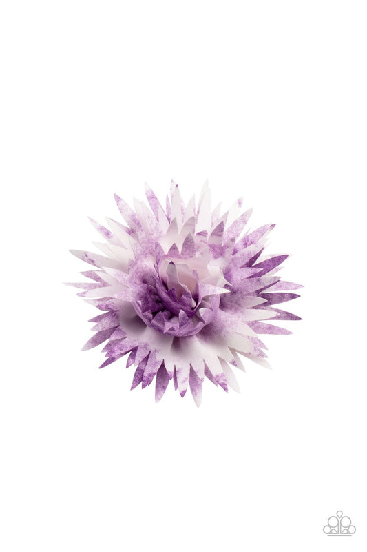 Featuring vivacious purple tie dye accents, boisterous petals bloom into a bouncy blossom. Features a standard hair clip on the back.  Sold as one individual hair clip.