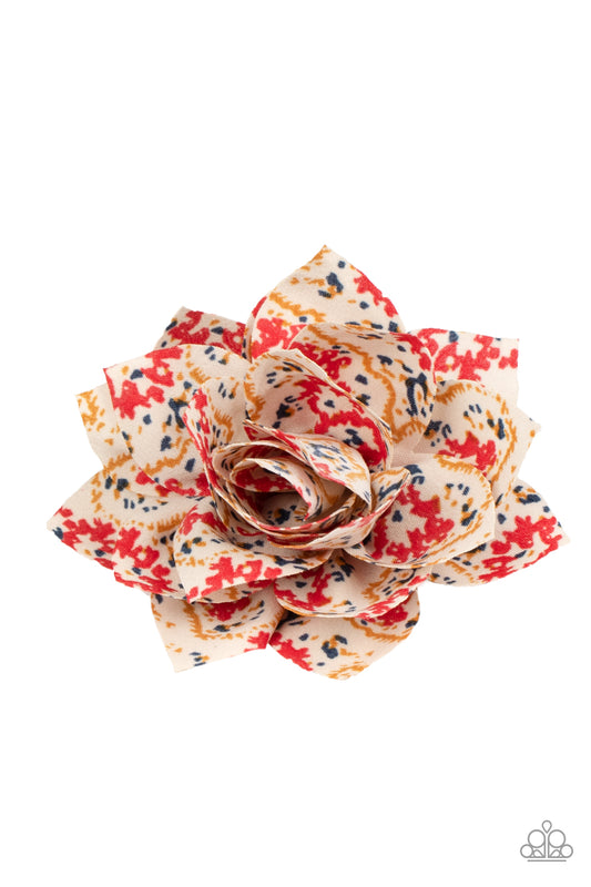 Featuring a colorful paisley-like print, silky petals gather into a bouncy blossom for a seasonal flair. Features a standard hair clip on the back.  Sold as one individual hair clip.