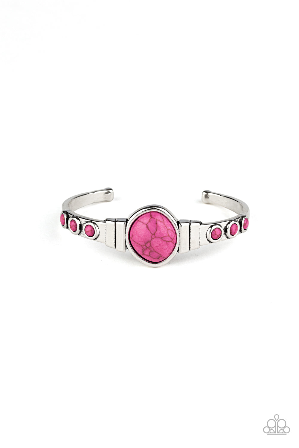 Dotted in dainty pink stones, a dainty silver cuff attaches to an asymmetrical pink stone centerpiece for an earthy flair.  Sold as one individual bracelet.