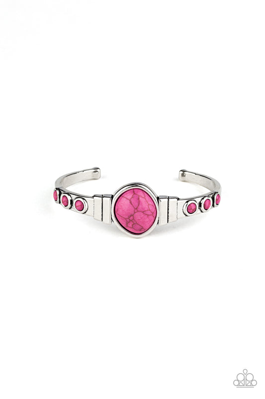 Dotted in dainty pink stones, a dainty silver cuff attaches to an asymmetrical pink stone centerpiece for an earthy flair.  Sold as one individual bracelet.