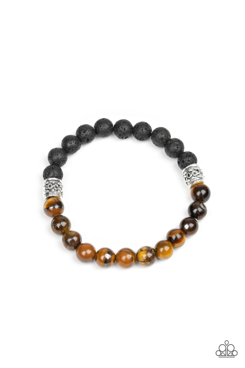 Infused with dainty silver accents, a collection of black lava rock beads and glassy tiger's eye stone beads are threaded along a stretchy band around the wrist for a seasonal style.  Sold as one individual bracelet.