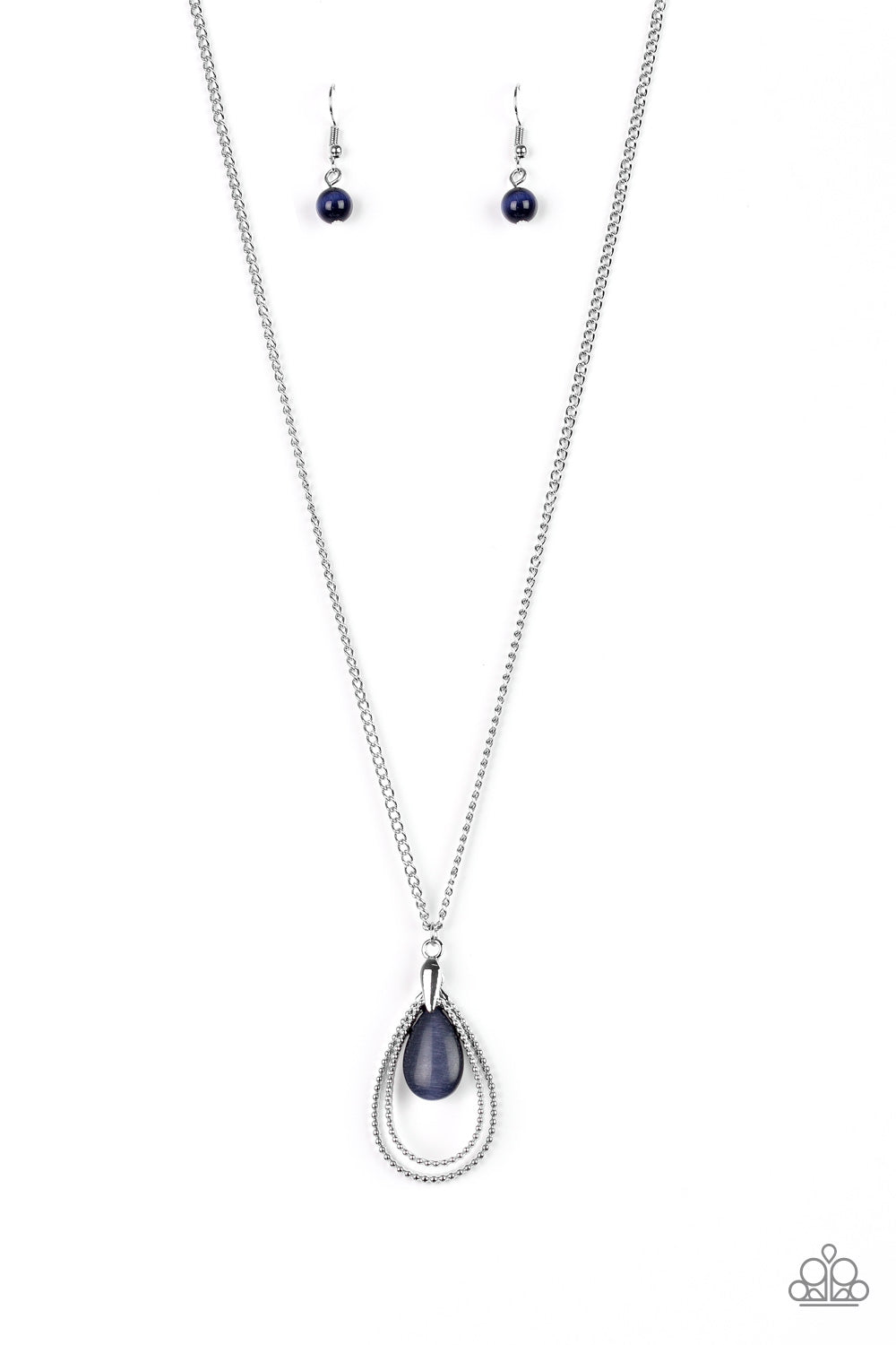 Studded silver teardrops swing from the bottom of a shimmery silver chain. A glowing blue moonstone attaches to the innermost frame, creating a whimsical pendant. Features an adjustable clasp closure.  Sold as one individual necklace. Includes one pair of matching earrings.