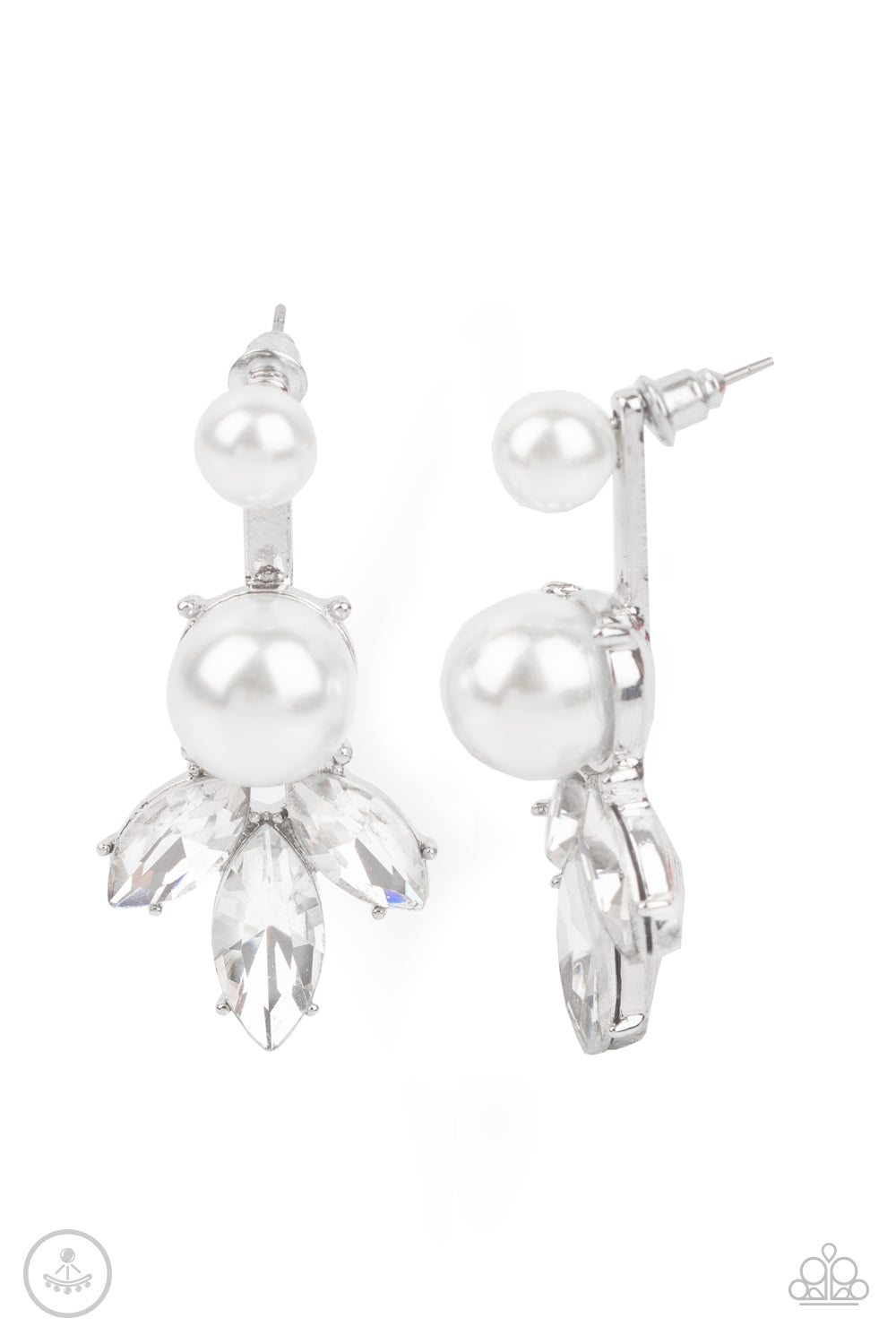 A solitaire white pearl attaches to a double-sided post, designed to fasten behind the ear. Infused with an oversized pearl and white rhinestone fringe, the double sided-post peeks out beneath the ear for a glamorous finish. Earring attaches to a standard post fitting.  Sold as one pair of double-sided post earrings.