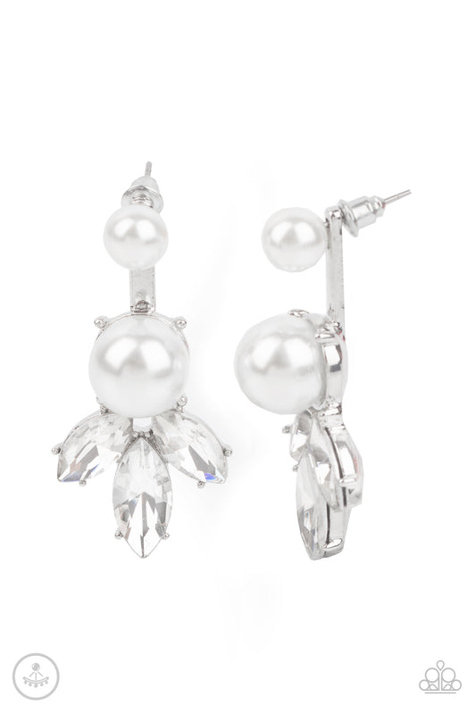 A solitaire white pearl attaches to a double-sided post, designed to fasten behind the ear. Infused with an oversized pearl and white rhinestone fringe, the double sided-post peeks out beneath the ear for a glamorous finish. Earring attaches to a standard post fitting.  Sold as one pair of double-sided post earrings.