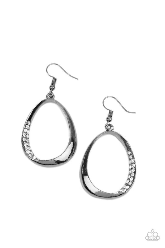 Rows of glassy white rhinestones delicately peek out from the inside corner of an asymmetrical gunmetal teardrop frame, creating an unexpectedly sparkly centerpiece. Earring attaches to a standard fishhook fitting.  Sold as one pair of earrings.